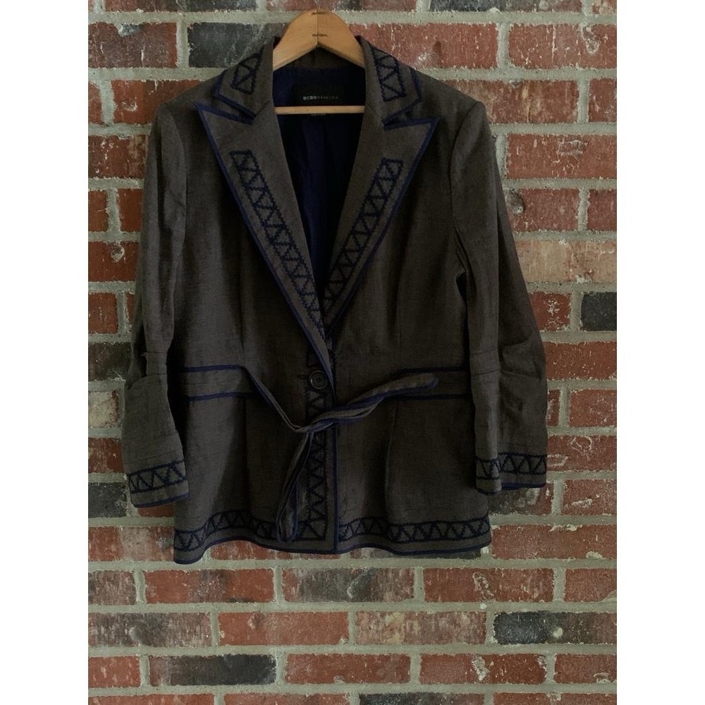 BCBG MAX AZRIA blazer,TOP SZ L,coat jacket BROWN,NAVY‎ BLUE TRIM,BELTED,LINEN GU